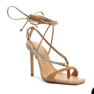 SCHUTZ Tan Strappy Heels with Rhinestone Accents